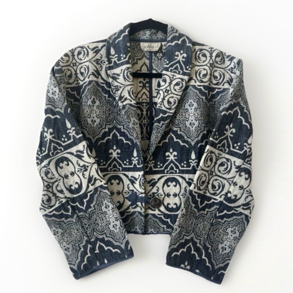 Vintage 90s Flashback Tapestry Jacket M Cropped Art to Wear Boho Woven